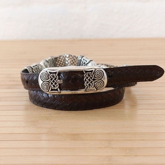 Vintage Women’s BRIGHTON Silver Black Leather & Chain BELT Size Small 28 EUC